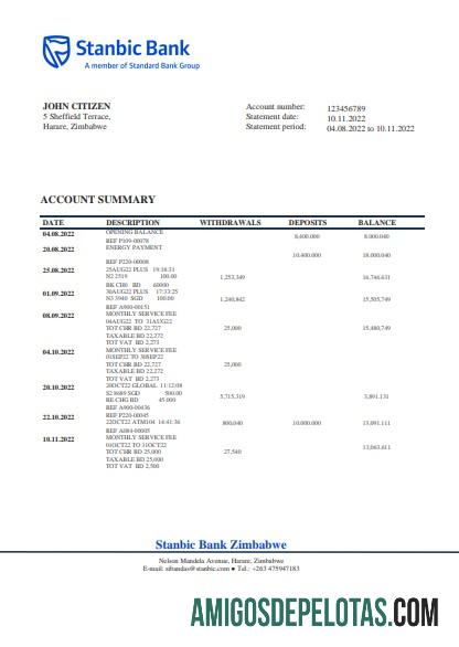Modelo de extrato bancário Stanbic do Zimbábue para download em formato Word e PDF
